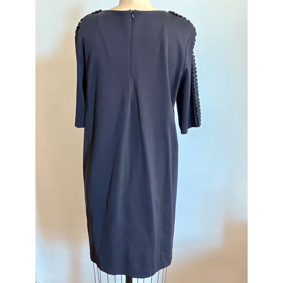 COS structured dark navy knit dress, short, pleat-embellished sleeves, c 2015 - Picture 4 of 6